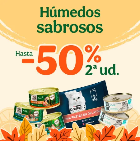 Hasta 50% dto en la 2ª unidad en packs de comida húmeda para gatos.